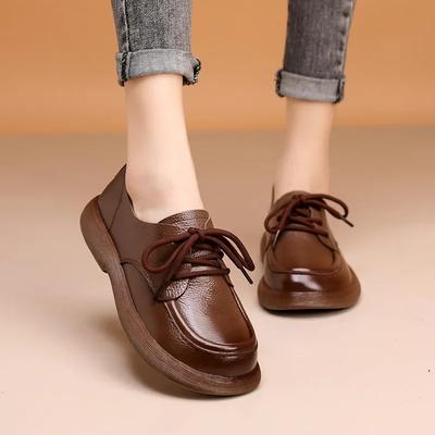 Модная весенняя новинка женская обувь натуральная кожа ретро мода лоферы мягкая подошва британская удобная шнуровка противоскользящая повседневная обувь 2025
