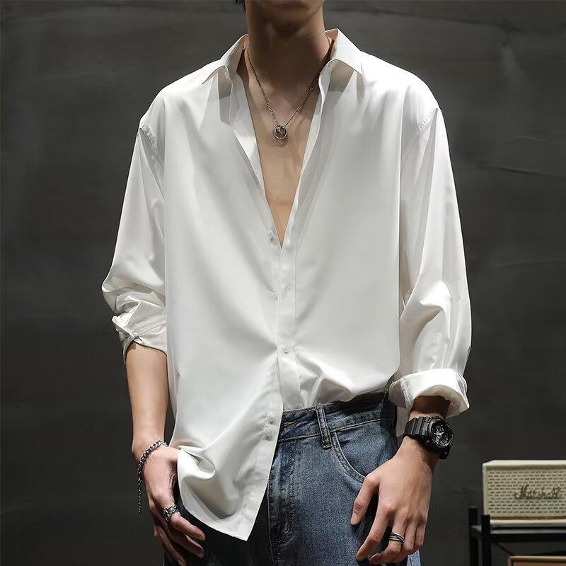 Белая рубашка с длинным рукавом в стиле ретро, свободного кроя, не мнущаяся