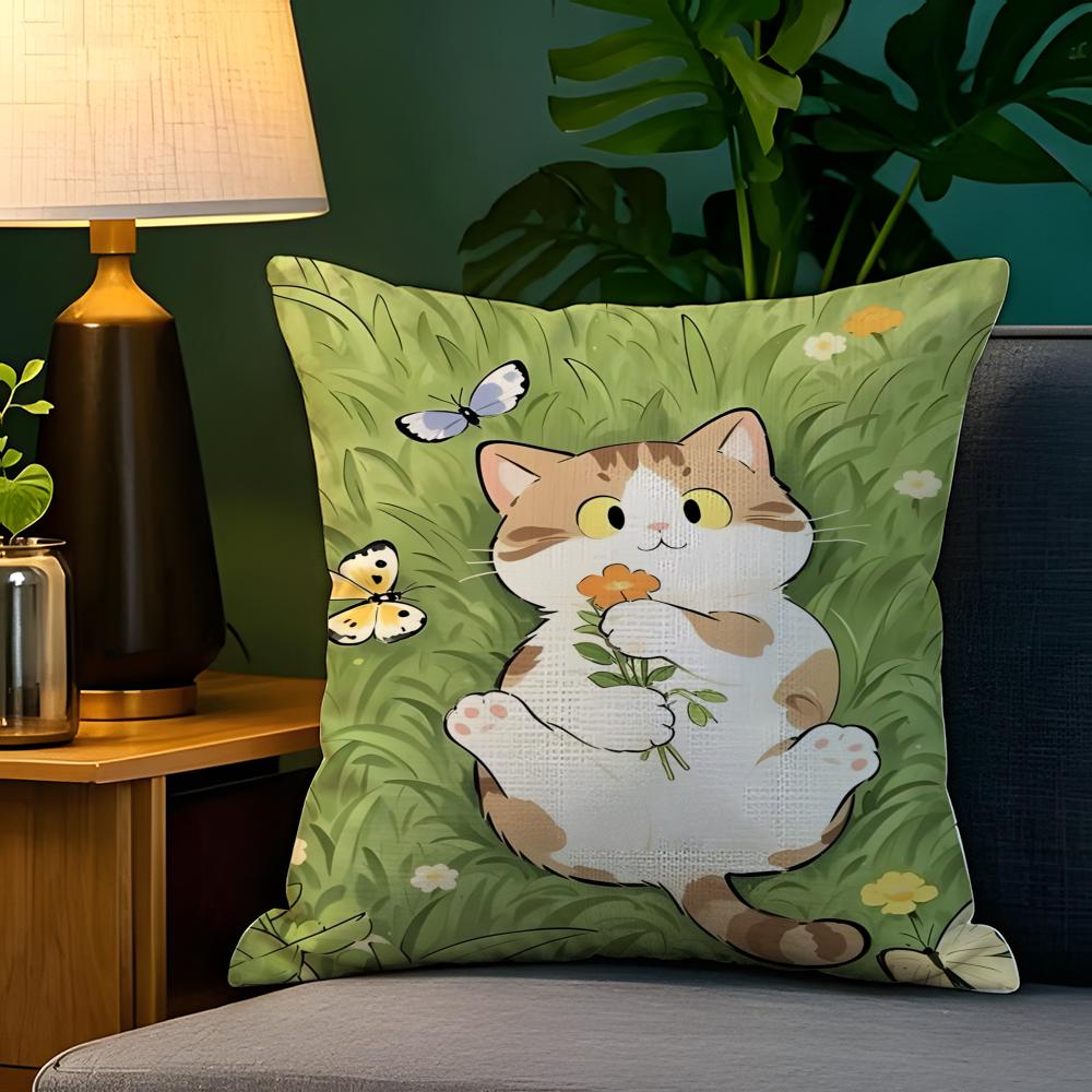 Spring Sunshine Cat Illustrations  Pillow Case Natural Linen Pillow Case DoubleSided Decor Sofa Pillowcase Home Decor