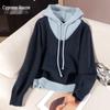 Women's Color-block Hooded Faux Two-Piece Sweater