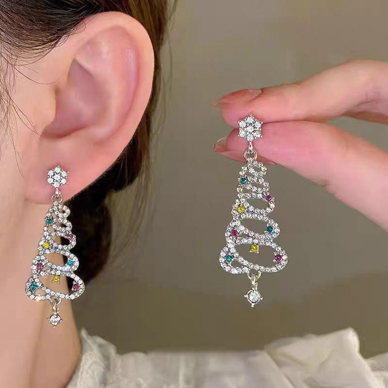 2024 Autumn/Winter Colorful Diamond Christmas Tree Stud Earrings - Elegant, High-End Women's Fashion Jewelry
