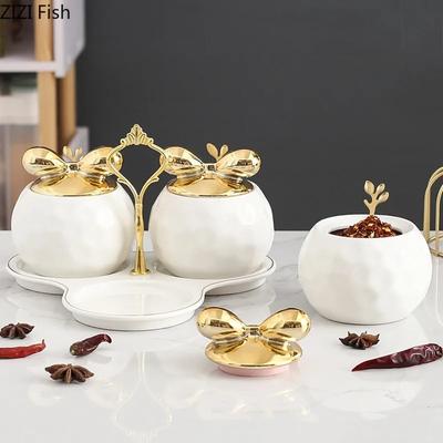 Набор из трех банок для специй с крышкой, керамическая банка для специй, банка для хранения соли и перца, украшение для дома, кухонный инструмент для приправ