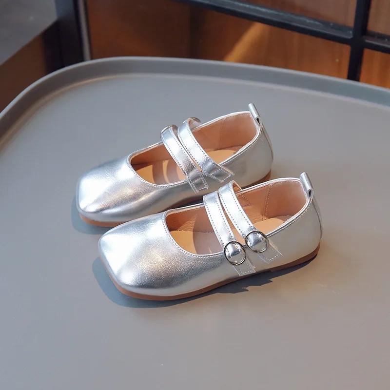 Children's Leather Shoes Spring Autumn Fashion Kids Performance Shoes Solid Color Gold Silver Girls Causal Flats Single Shoes