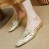 2024 New Summer Women's Mules Silk Ethnic Style Baotou Low Heel Slippers Square Toe Sandals High Shoes Women's Shoes Zapatos