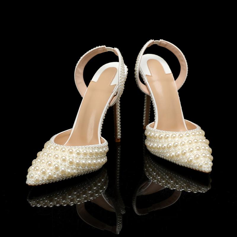 Роскошные Свадебные Женские Туфли-Лодочки Ручной Работы из Жемчуга, Элегантные Туфли-Слингбэки на Высоком Каблуке с Острым Носком, Летние Вечерние Свадебные Туфли
