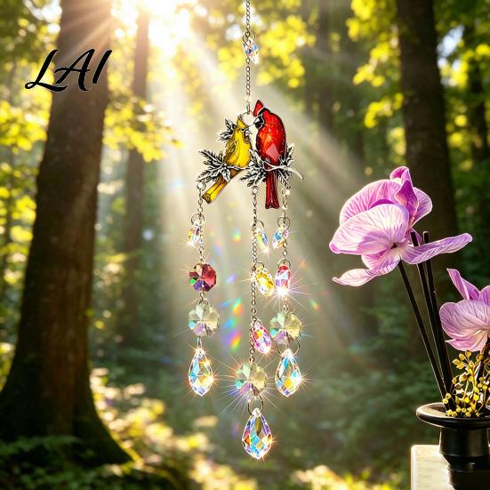 Decorative Faux Crystal Ornament Cardinals Crystals Suncatcher Hanging Sun Catcher for Windows Bird Wind Glass Patio Chimes with Chain Prism