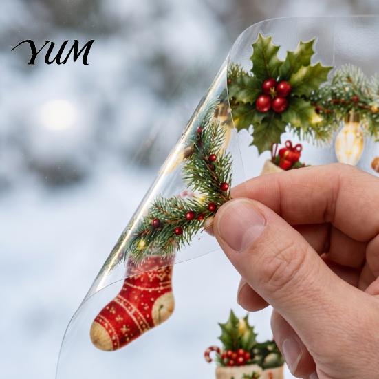 Reusable Christmas Decorations Window Static Sticker, Rattan And Socks Pattern Removable PVC Non Adhesive Film Decal, Electrostatic Glass Cling