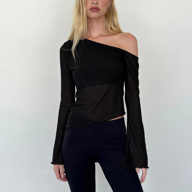 Европейский и американский диагональный воротник, расклешенные рукава, сетчатый прозрачный топ Y2K, сексуальный облегающий летний женский топ