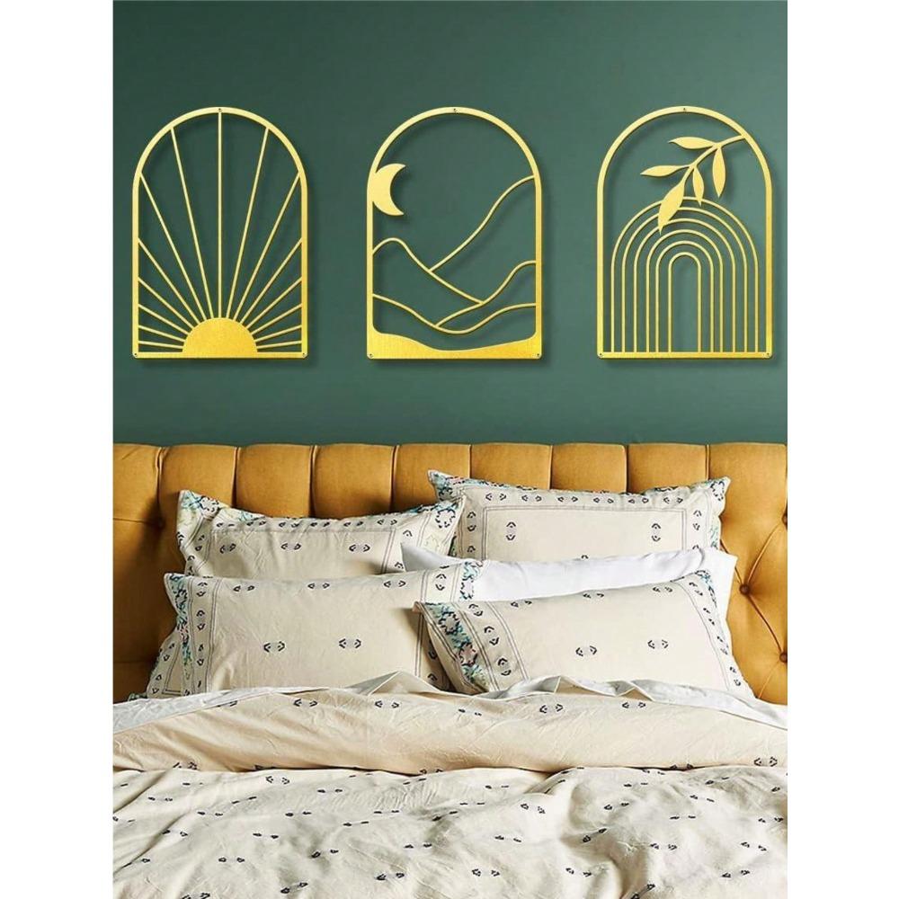 Gold Iron 3Pcs Bohemian Metal Leaves Wall Art, Minimalist Line Design Modern Decor for Bedroom Living Bathroom, Gift