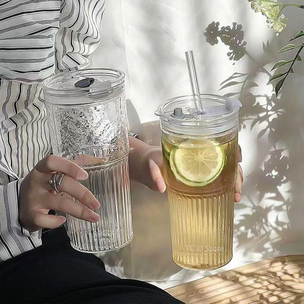 600ml Drinkware Stripe Glass Cup With Lid and Straw Water Cup Fashion Straw Cup for Juice Milk Tea