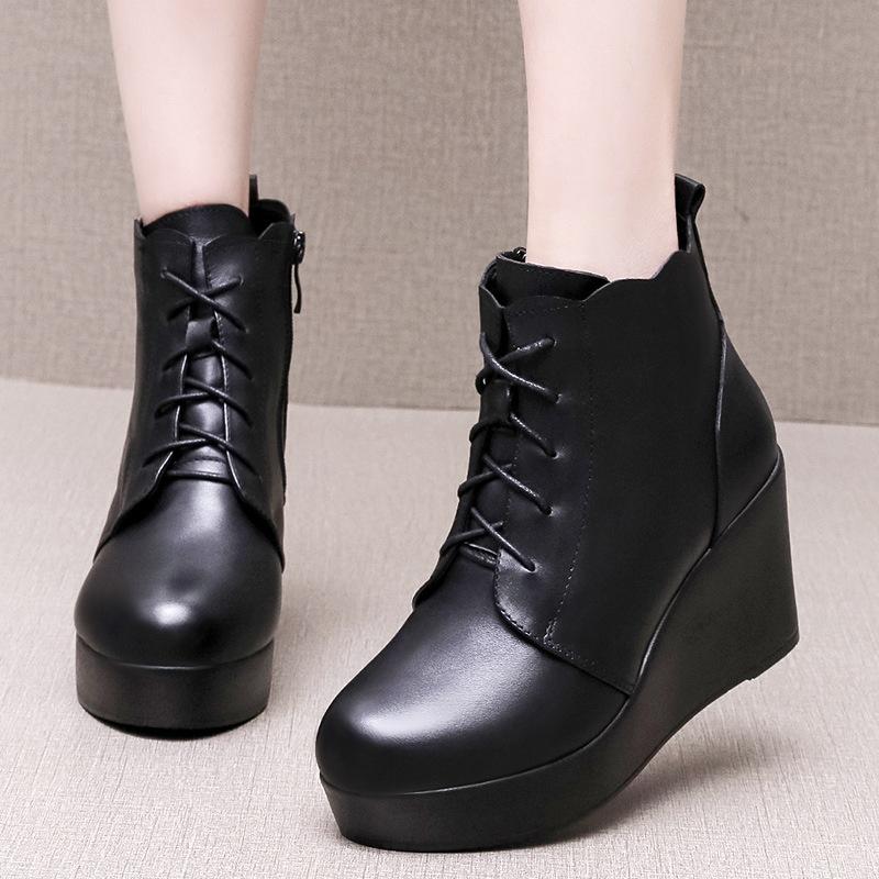 Genuine Leather Autumn Winter Women Boots Warm Plush Ankle Boots Female Wedges Boots Women Platform High Heels Shoes Size 33-43