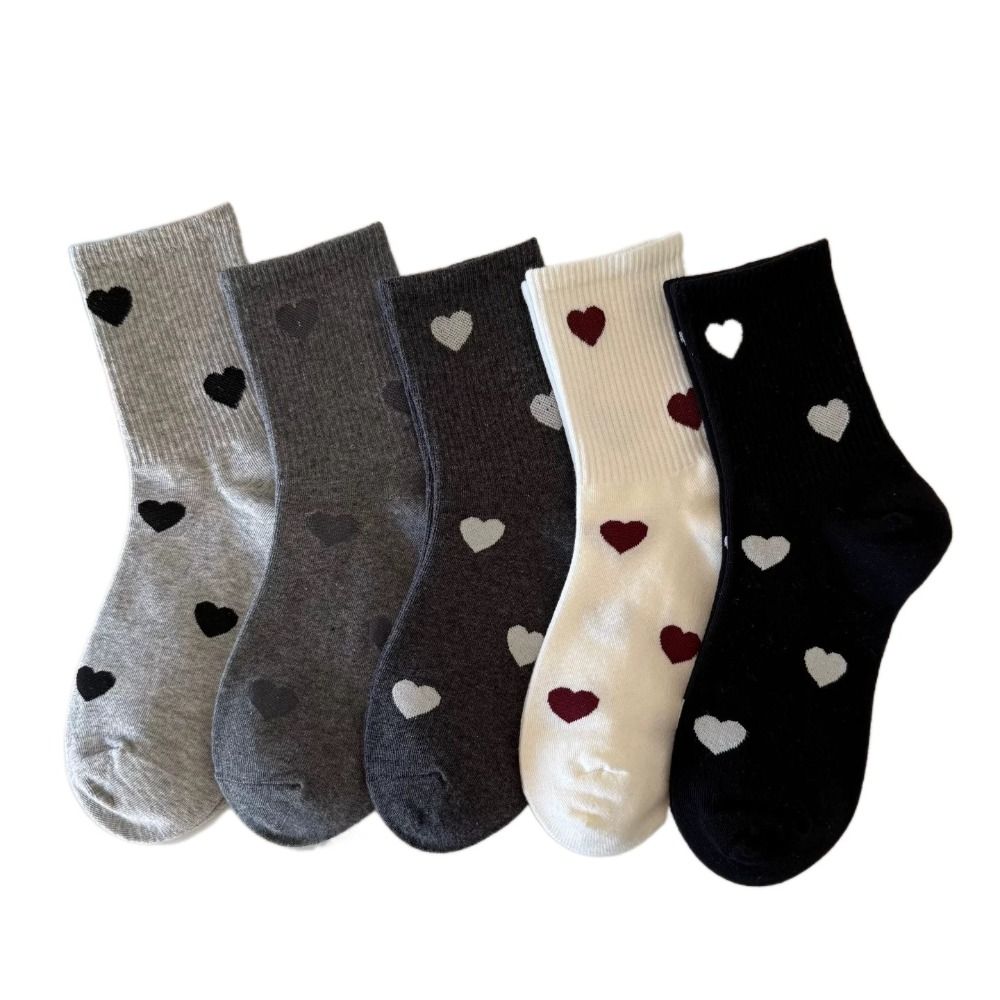 5Pairs Harajuku Patchwork Color Socks Heart Pattern Mid Tube Socks Love Mid-Calf Socks  Sports