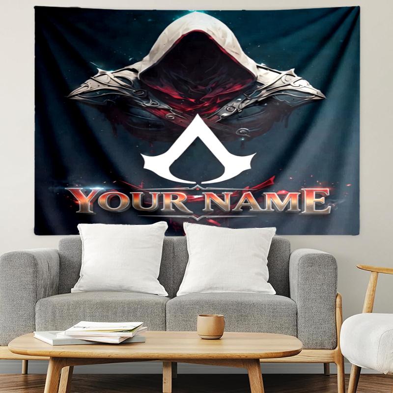 Personalized Name Assassin's Creed Tapestry, Wall Hanging Tapestry, Pattern Tapestry for Dorm Bedroom Living Room Wall Art Photography Backdrop