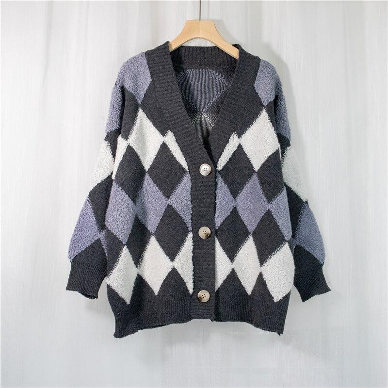 Casual Plaid V Neck Knitted Cardigan Jacket Women 2023 Winter Vintage Argyle Loose Sweater Women Long Sleeve Cardigans 28889