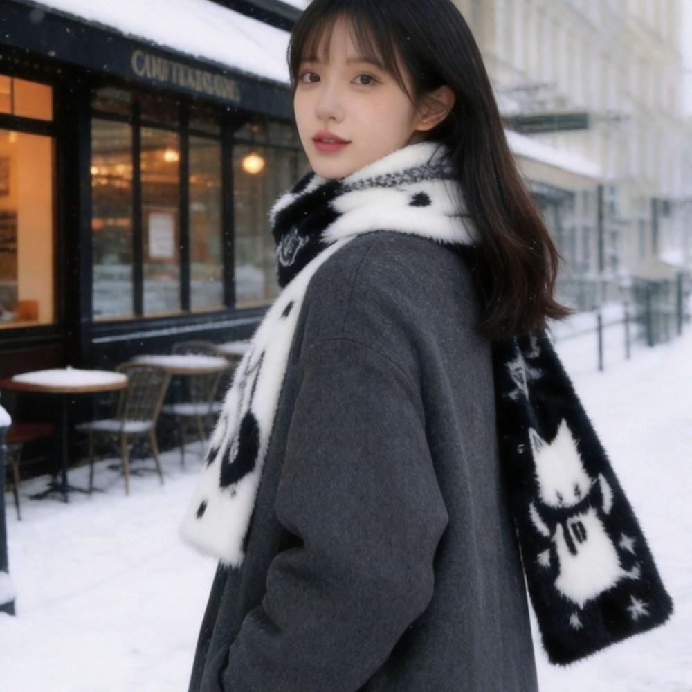 Double Sided Guitar Cats Scarf Soft Long Plush Muffler Cute Winter Scarf Trendy Men