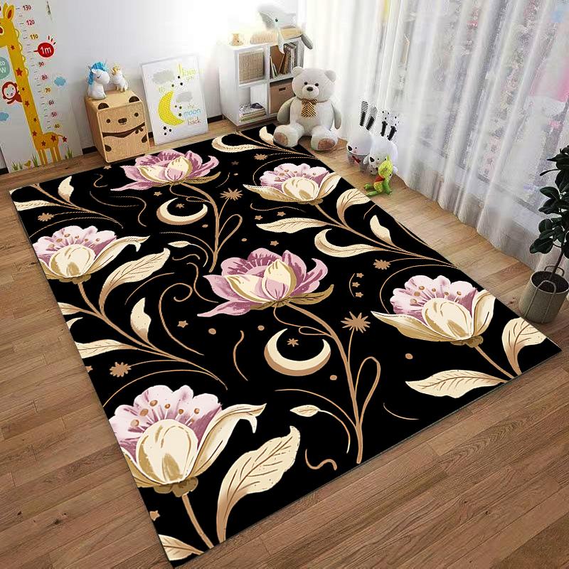 Floral Carpet with Pink Flowers, Moon, Star Pattern, Black Background Suitable for use as an anti-slip for living room bedroom sofas