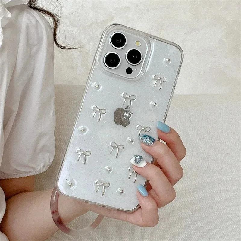 INS Japan Korea 3D Silver Bowknot Phone Case For iPhone 16 Pro Max 15 14 13 12 11 X XS XR 7 Plus Girl Epoxy Clear Glitter Cover