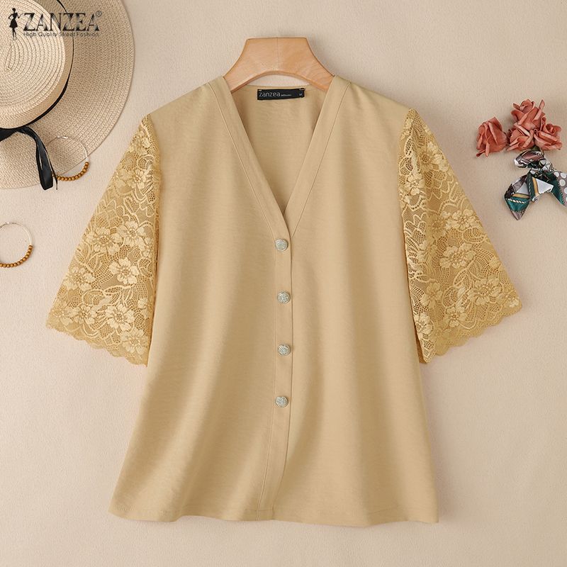 ZANZEA Женская повседневная блузка с V-образным вырезом, свободного кроя, со вставками из кружева, с рукавами 3/4