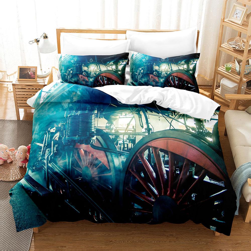 Steam Engine Duvet Cover Set Transportation Old Train King Queen Full Size Polyester Bedding Set For Teen Boys Adult Living Room