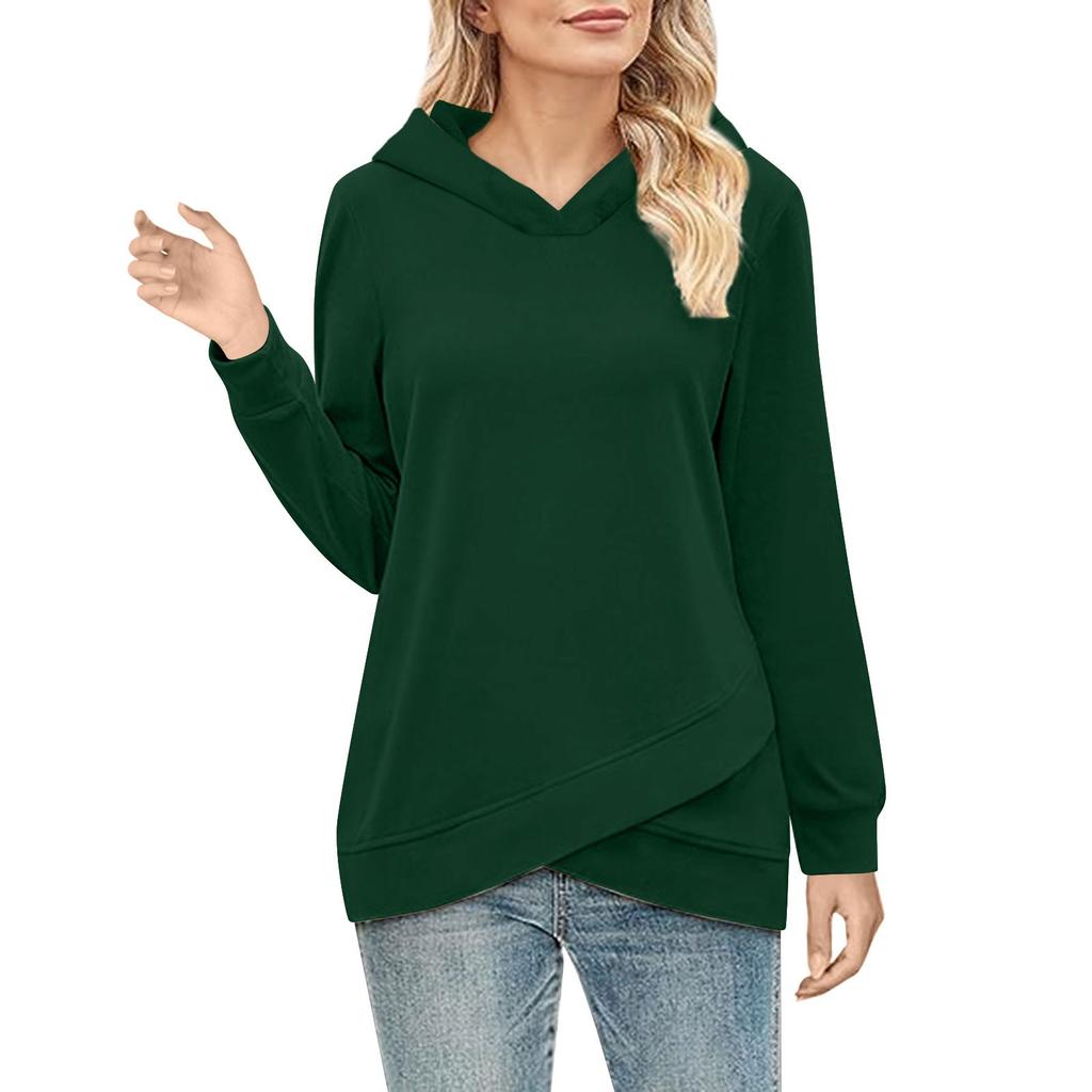 Women's  Fashion Solid Color Hoodie Long Sleeved  Cross Hem Sweatshirt  Top