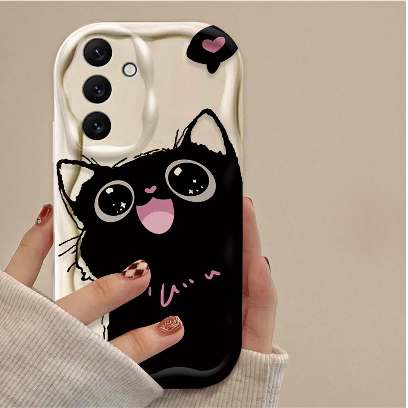 Милый чехол с черным котом с большими глазами для Samsung Galaxy A16 A06 A55 A35 A25 A15 A05 A05S A54 A34 A24 A14 A73 A53 A33 A23 A13 A52 A32 A22