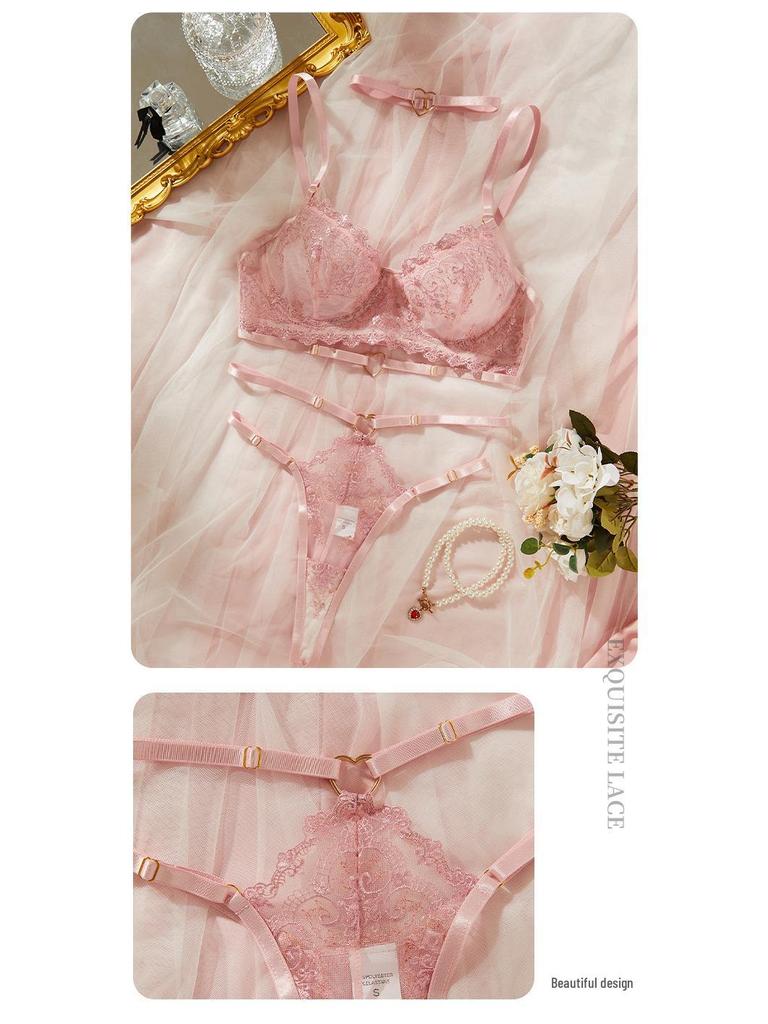 Французский розовый сексуальный кружевной пуш-ап комплект нижнего белья для женщин - Ультратонкий, удобный, полупрозрачная сетка