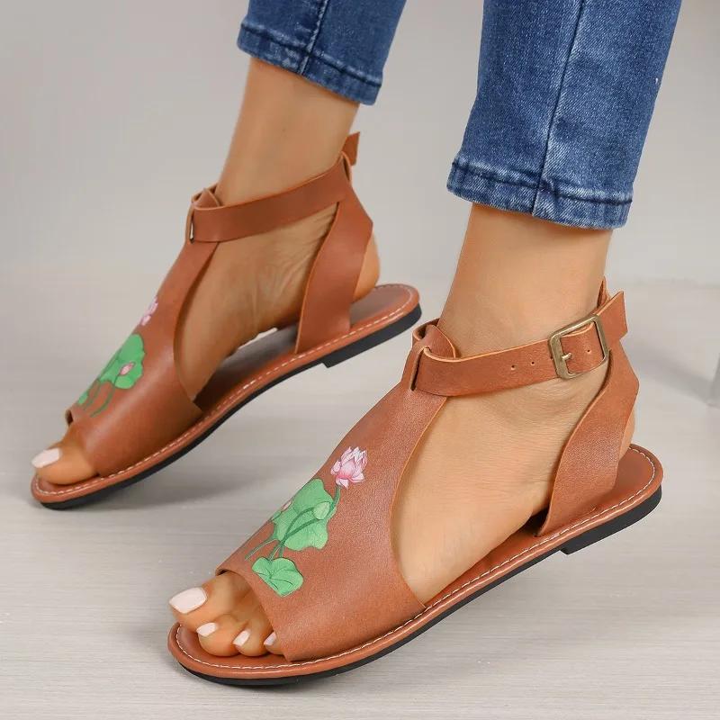 2024 New Hot Selling Versatile Solid Color Printed Open Toe Women's Slippers Buckle Decorated Summer Women's Shoes Zapatos