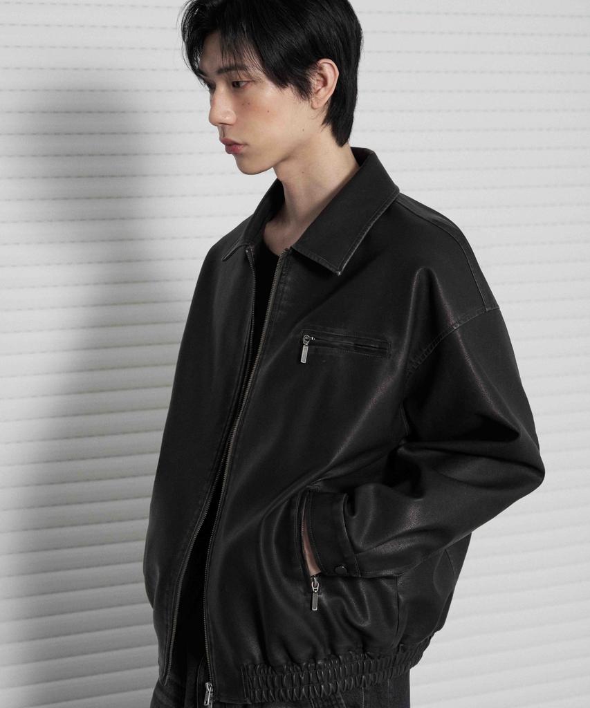 Кожаная Oversize куртка-блузон из стираной кожи [Стираный черный]