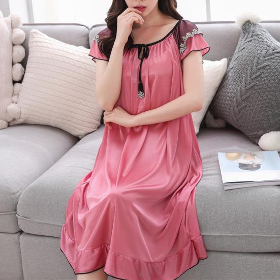 Красивое ночное платье с круглым вырезом, расслабленная дышащая летняя свободная ночная рубашка из искусственного атласа, домашняя одежда
