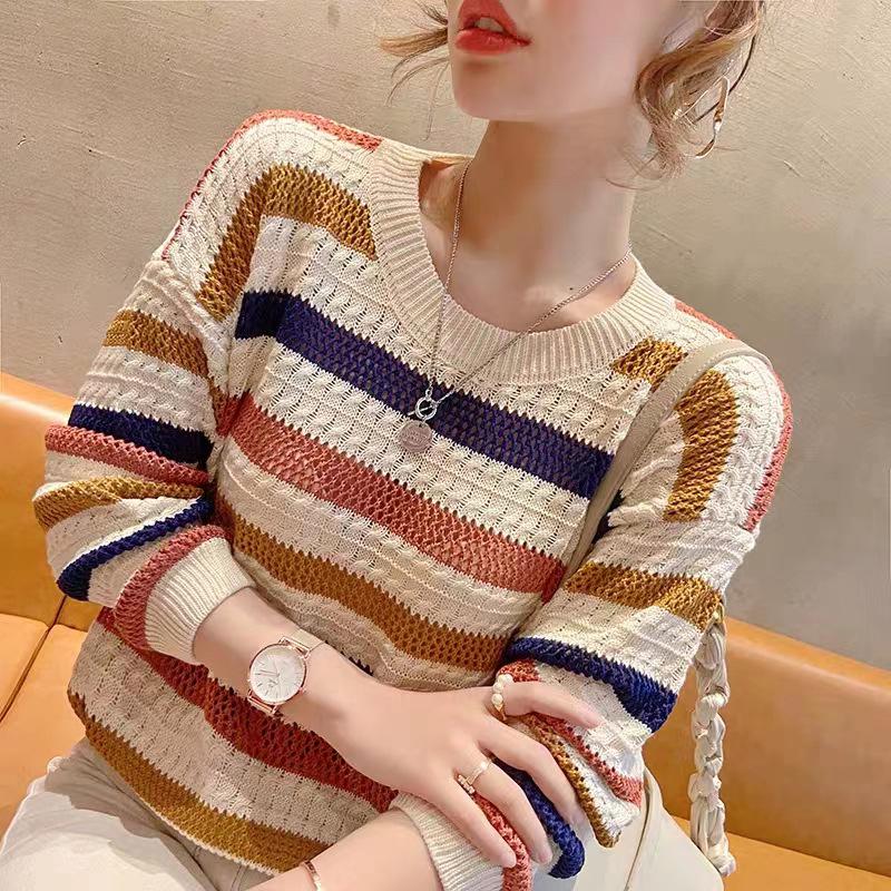 Полосатый вязаный свитер женский осень-зима свободный контрастный топ-летучая мышь радужная полоса длинный рукав вырез тонкий свитер женский