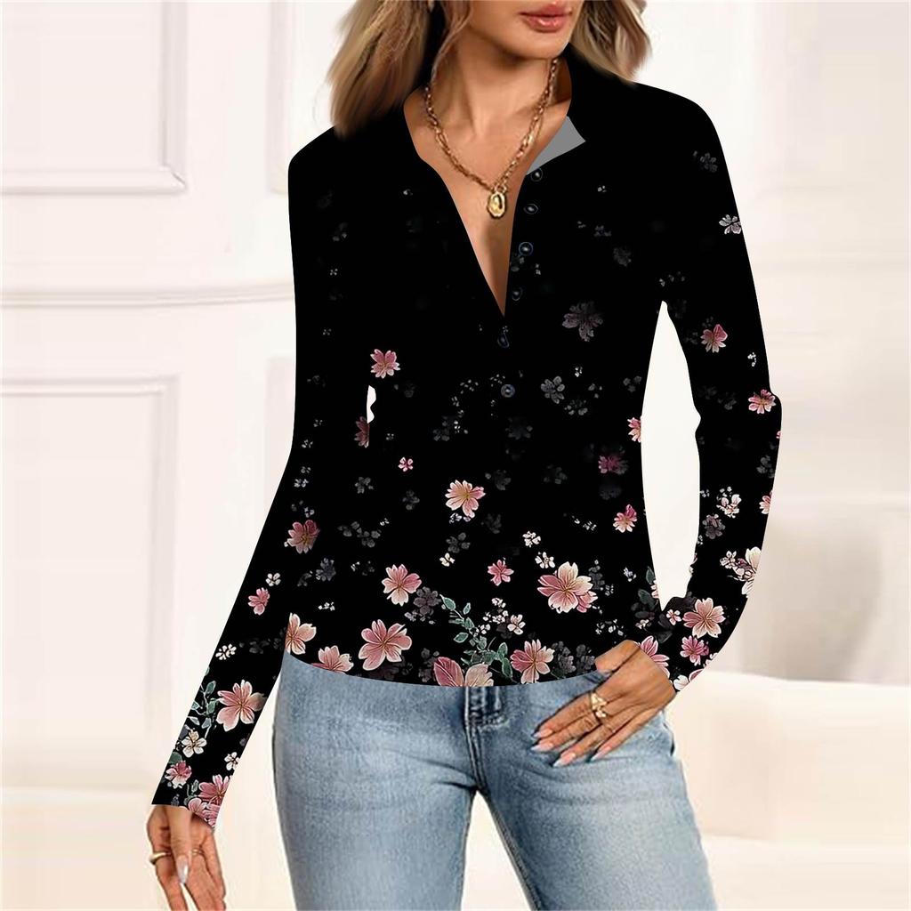 Женская мода Повседневный принт V-образный вырез Длинный рукав Застегивающаяся на пуговицы блузка