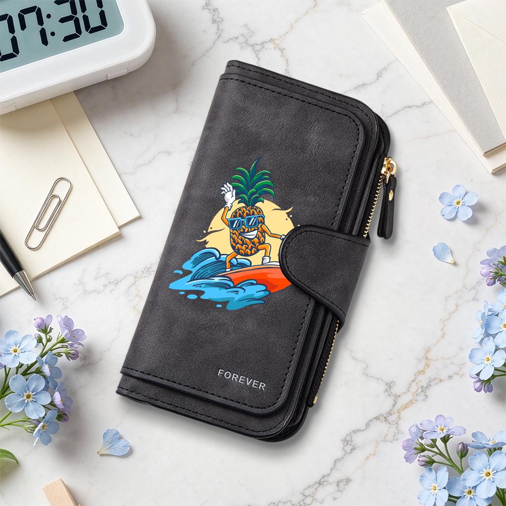 Cute Pineapple Surfing Printed Wallet Casual Card Holder Durable Portable Multipurpose Fashion Trendy Daily Use Purse