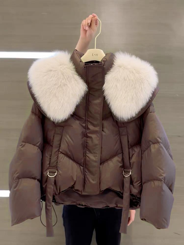 Winter European black cotton-padded jacket for women, small new fashionable big fur collar short cotton-padded jacket tide