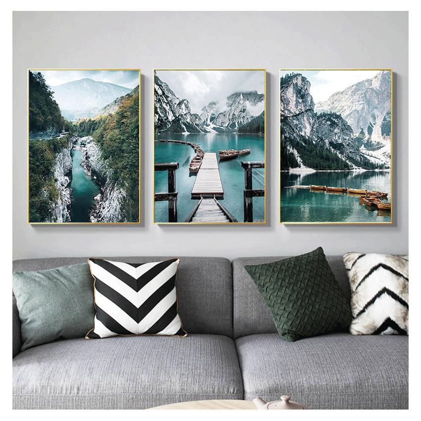 Scandinavian Nature Landscape Poster Mountain Lake Bridge Canvas Wall Art Print Painting Nordic Design Picture Modern Home Decor