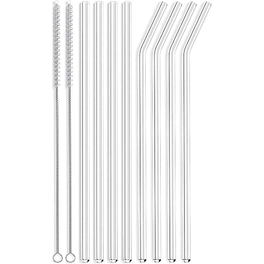 ALINK Skinny Clear Glass Straws, 10.5" x 7 mm Long Reble Drinking Straws for 30 oz 20 oz RTIC/YETI Stanley Tumblers, Mason Jars, Pack of 8 with 2