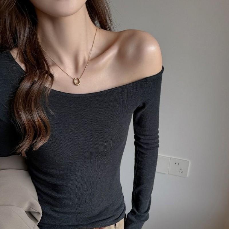 French Off Shoulder Top Womens Casual Long Sleeve T Shirt 2026 Basic Daily Wear