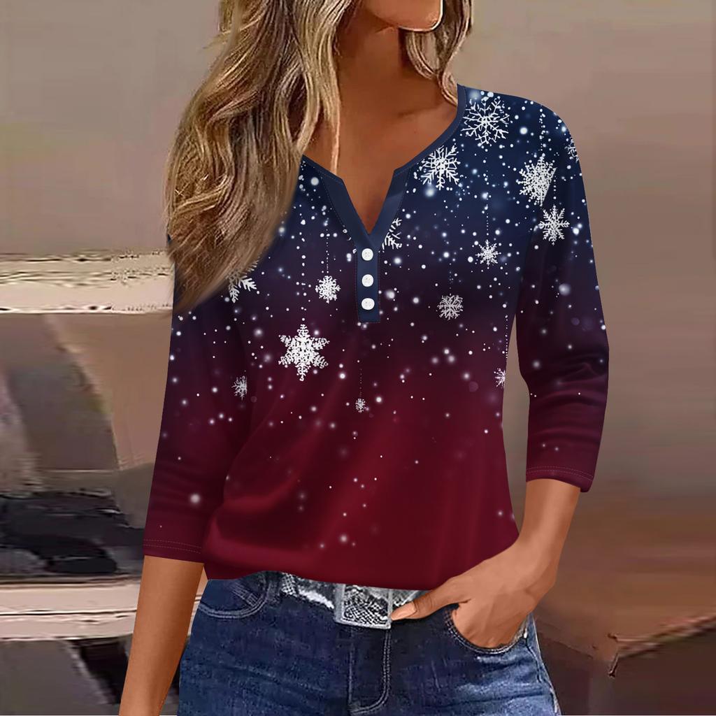 Женская модная повседневная футболка с принтом рождественской елки, V-образным вырезом, декоративными пуговицами и рукавом три четверти