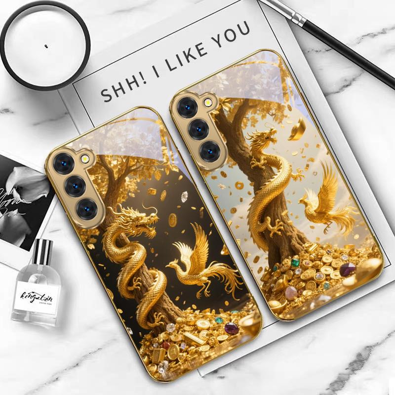 Золотой Дракон Сворачивается Для Samsung Galaxy S20 FE S21 S22 S23 Plus S24 Ultra S25Ultra S21+ S9+ S22Plus Золотой стеклянный чехол для телефона