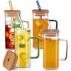 4 Pack Drinking Glasses With Bamboo Lids And Glass Straws, 14Oz/400Ml Glass Cups With Lids And Straws, Square Drinking Glasses F