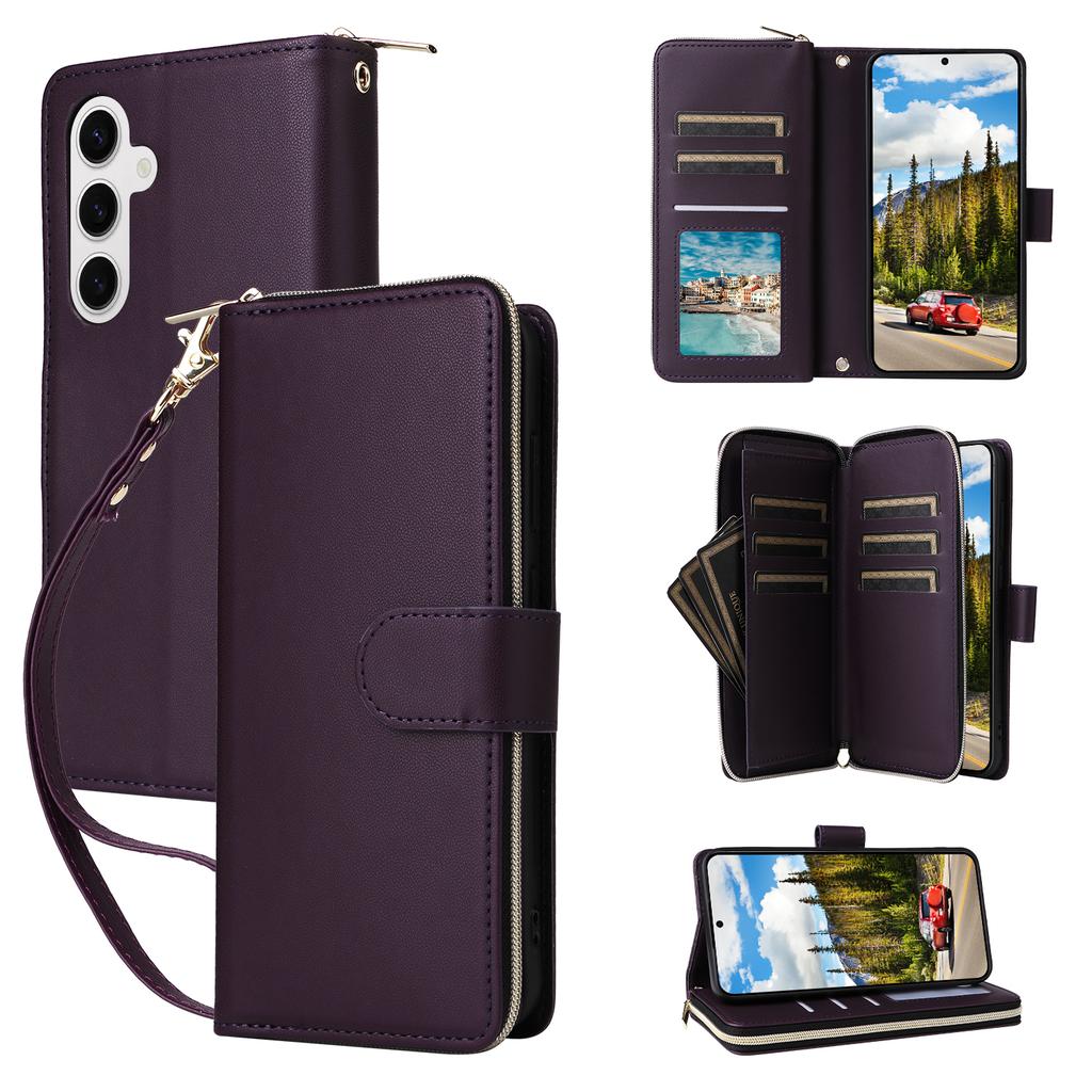 R20 For Samsung Galaxy S24 Case Zipper Leather Phone Cover with 9 Card Slots