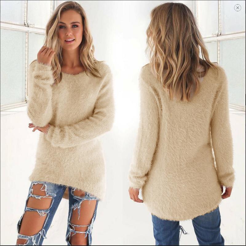 Autumn Winter Women Warm Sweater Solid Color Long Sleeved Sweater Round Neck Loose Cotton Knitted Pullover Long Sweater Casual Oversize Blouse Ladies
