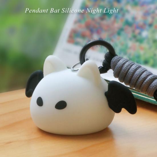 Bat-Shaped Night Light Keychain with 8 Color Modes Portable Rechargeable Silicone LED Lamp for Bag Halloween Decor Camping Hiking Bedroom Gift