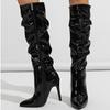 Sexy Women Knee Boots Pointed Toe Girls High Heel Boots Pleated Patent Leather Zip Shoes