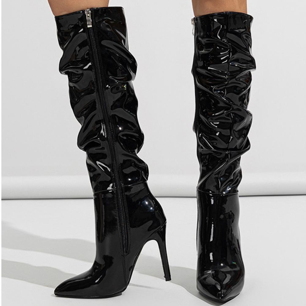 Sexy Women Knee Boots Pointed Toe Girls High Heel Boots Pleated Patent Leather Zip Shoes
