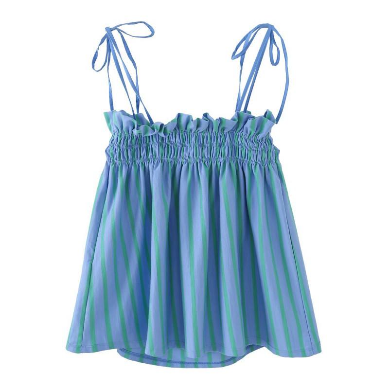 Womens Linen-Blend Striped Sleeveless Top With Bow Tie High-Waist Wide-Leg Pants Set