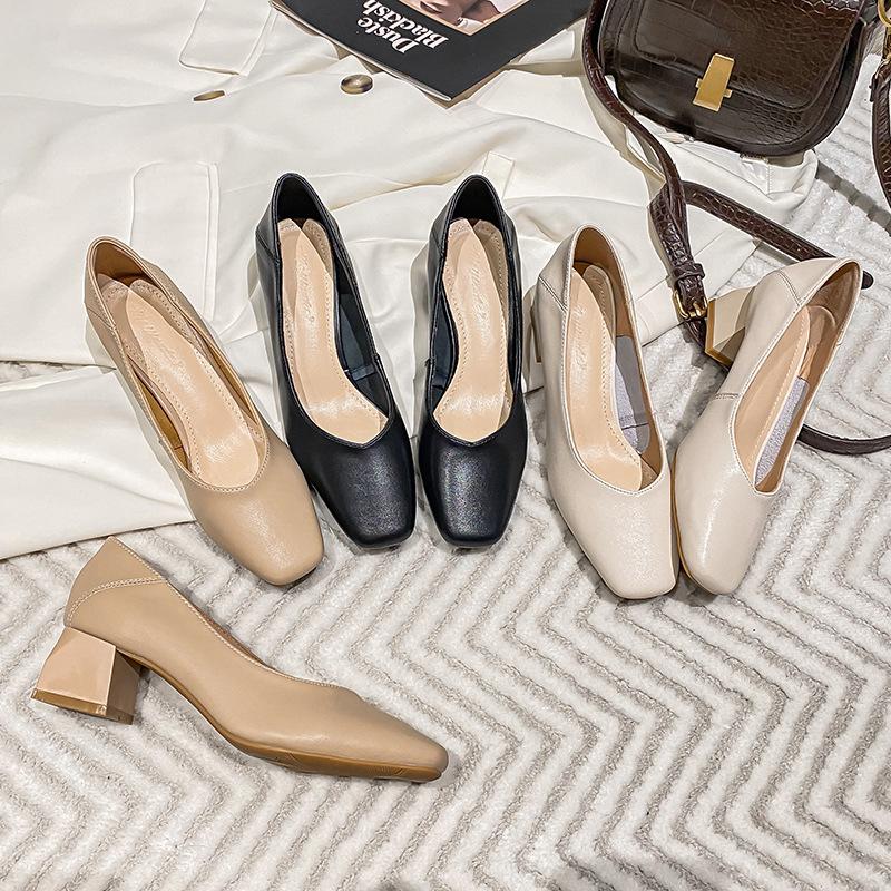 Весна 2024 года, новые женские туфли на толстом каблуке с квадратной головкой и неглубоким носком, средний каблук, одинарные туфли