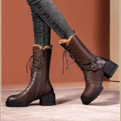 Модные зимние новые ботильоны на толстом каблуке, женские модные ботинки с круглым носком, ремешком с пряжкой спереди, толстой подошвой, нескользящие ботинки до середины икры