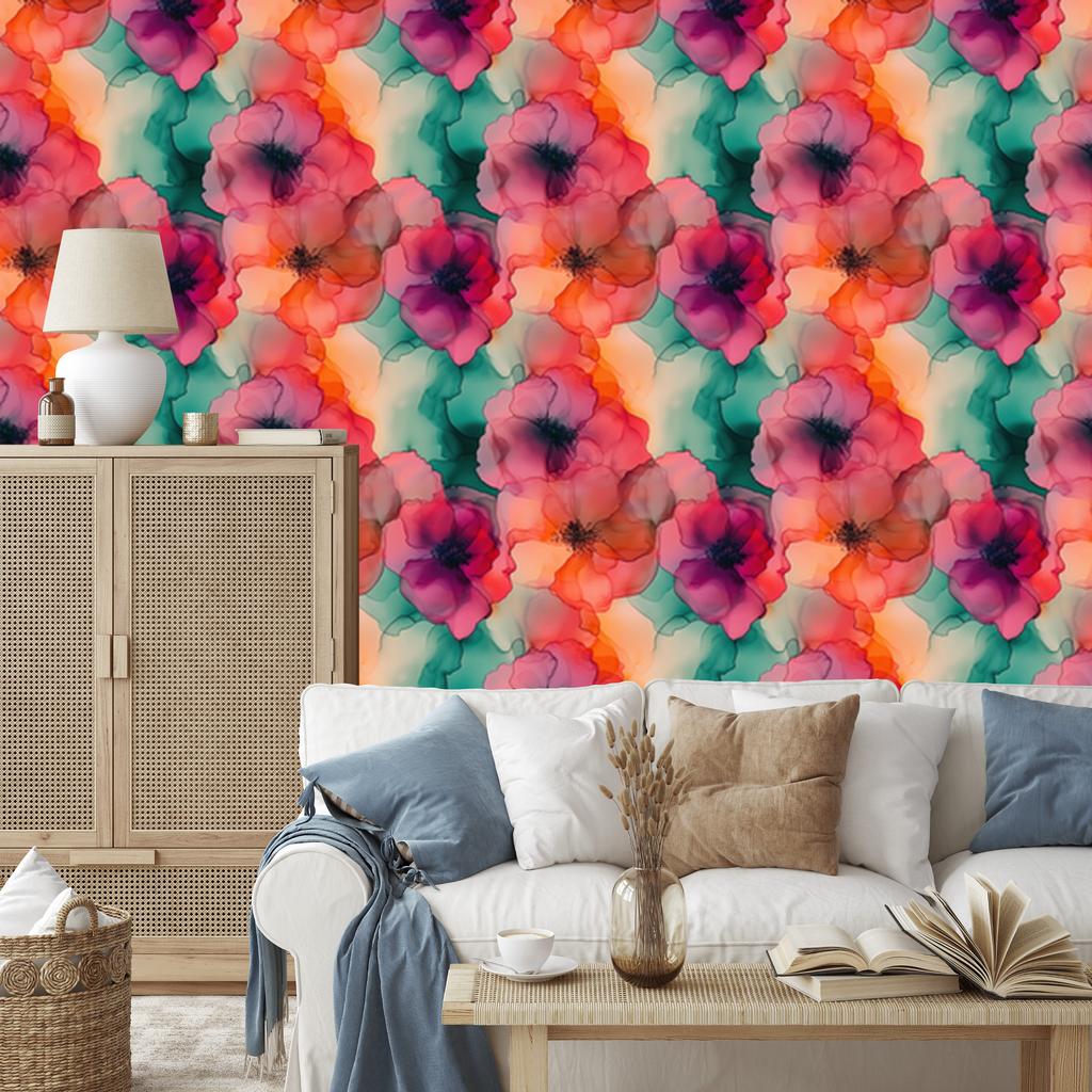 Wallpaper Ink red, coral, pink and sea 50x1000