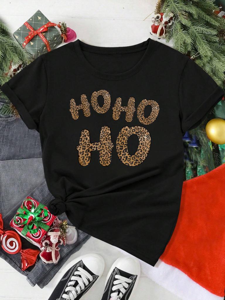 HO HO HO Christmas Hat Pattern Tshirt Loose Breathable Holiday Activities Shortsleeved Tshirt Unisex Women Unisex Casual Tops