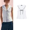 Spring and Summer New Women's Clothing Nautica Style V Neck Sleeveless Contrast Color Bows Trim Poplin Tops 3152006